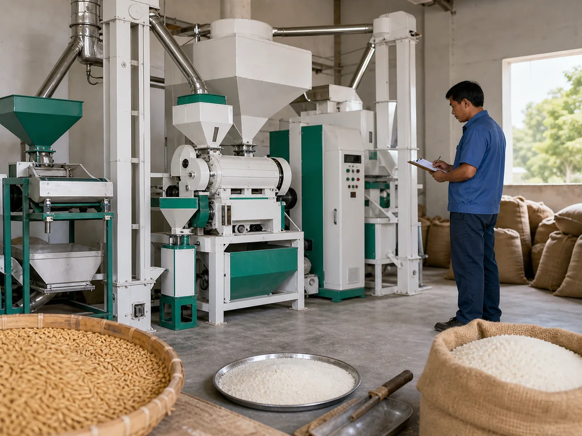 compact 1 ton rice mill workshop with small milling machine operator paddy sacks and rice samples