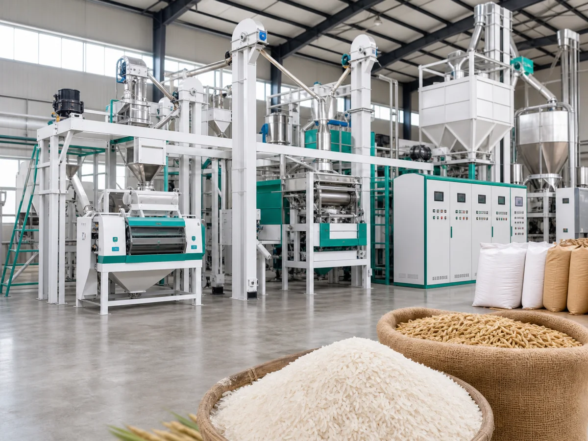Modern 5 ton rice mill production line with stainless steel milling machines and paddy rice in a clean factory