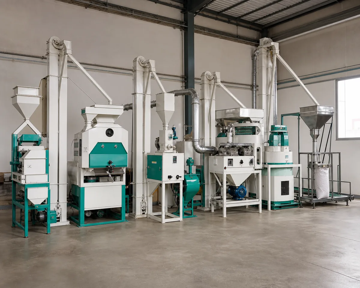 Compact 2 ton rice mill production line in a clean industrial workshop