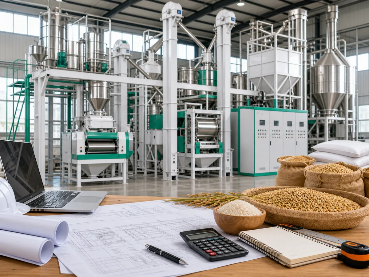rice mill cost estimation planning scene with milling equipment paddy samples and budget documents