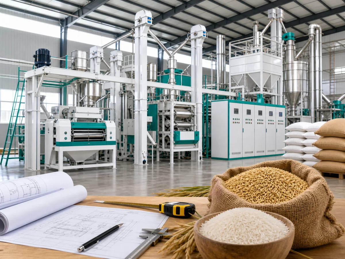 Modern rice mill factory setup with stainless steel production line paddy rice and installation planning